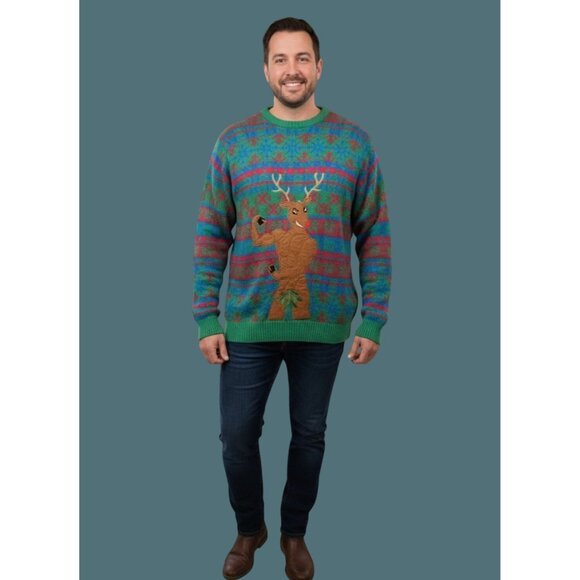 Blizzard Bay Muscle Reindeer Knit Ugly Christmas Sweater Men Size Medium - Picture 1 of 7